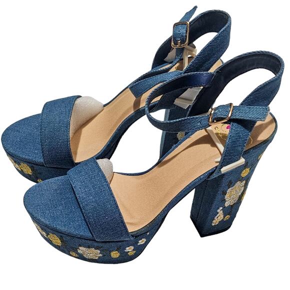Dolls Kill New Forum embroidered denim platform sandals heels size 6 - Picture 1 of 15